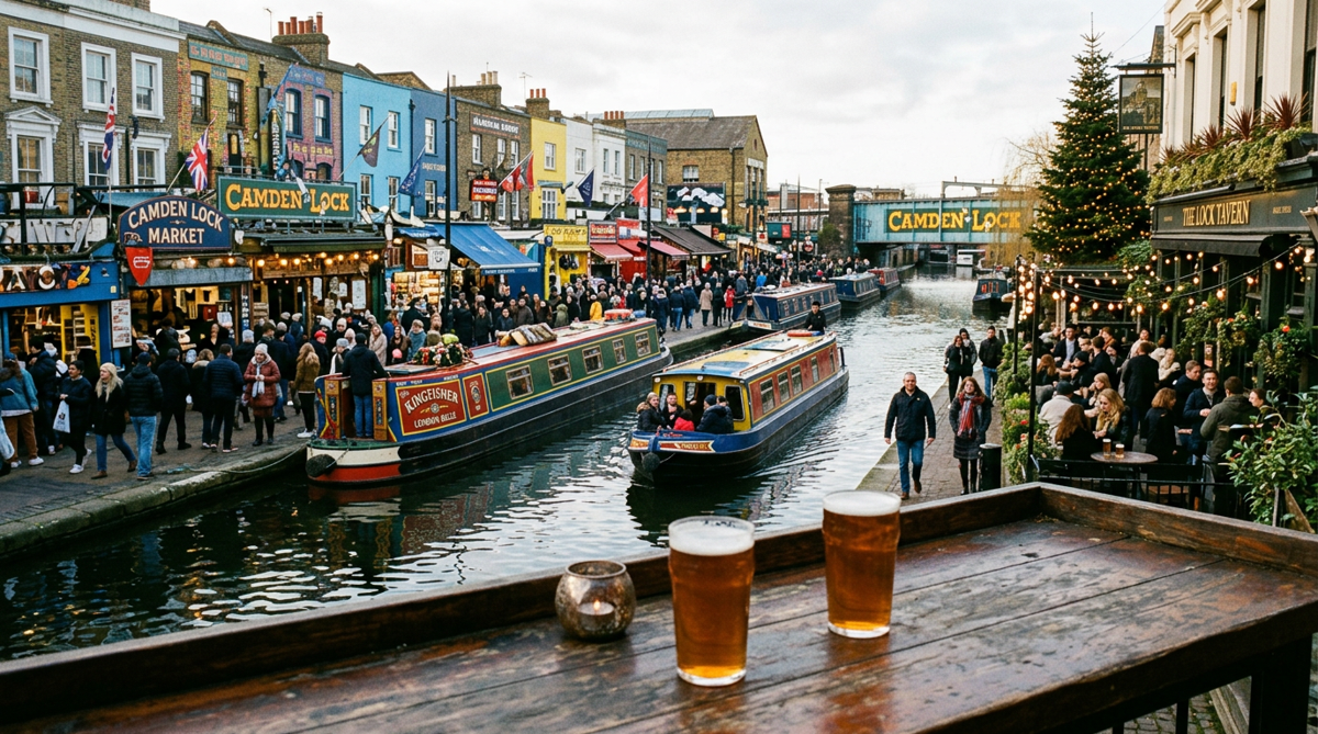 Camden Town Market beside Regent’s Canal with boats and beers on a riverside table