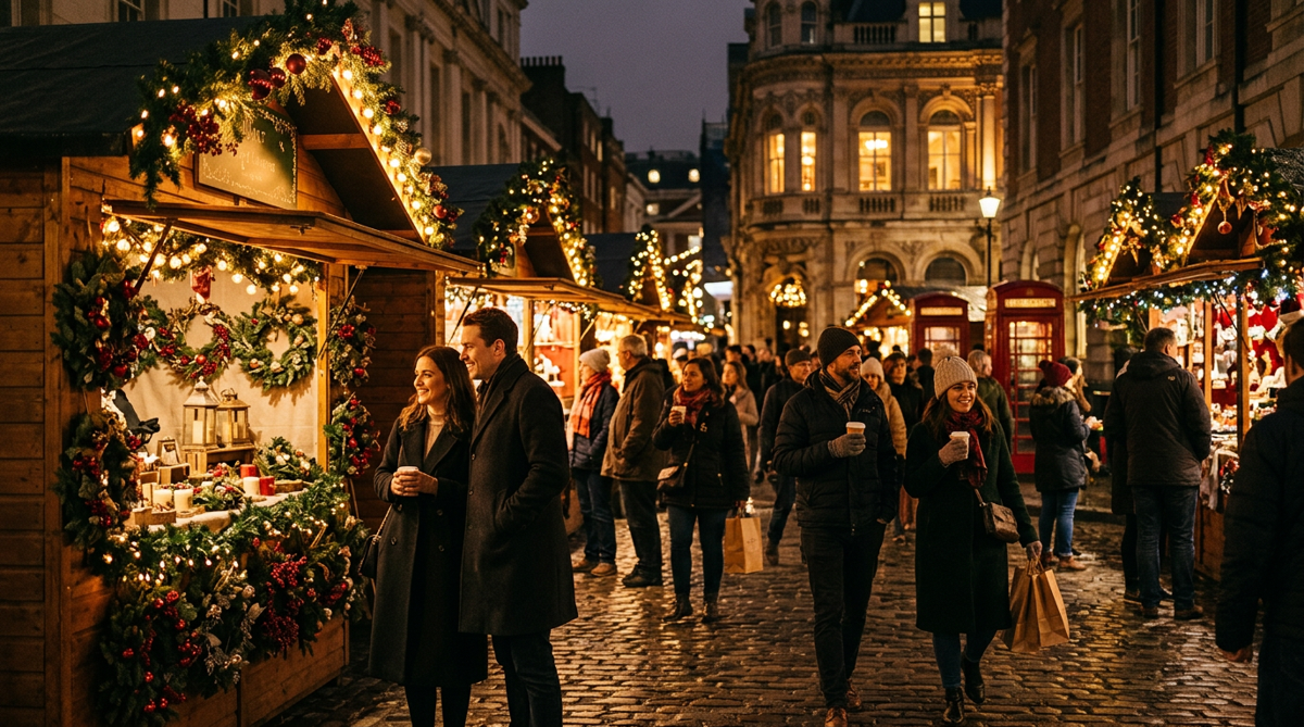 A London Christmas market glowing with lights and decorated wooden stalls in the evening